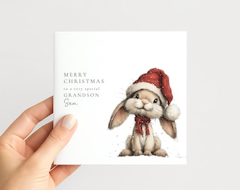 Grandson Christmas Card, Personalised Bunny Christmas Card, Cute Grandson Xmas Card, Name Printed Card for Grandson, Festive Kids Card