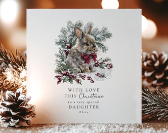 Personalised Christmas Card for Daughter, Cute Bunny Xmas Card, Winter Rabbit Card, Daughter Christmas Greeting