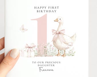 First Birthday Card Daughter, Personalised 1st Birthday Card with Goose Illustration, Square Card, Baby Girl Birthday Card