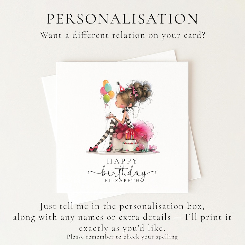 Personalised Girl Birthday Card, Cute Birthday Girl Illustration, Custom Name Card, Pink Birthday Card for Daughter, Granddaughter, Niece image 6