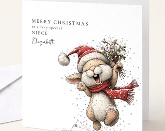 Personalised Christmas Card for Niece , Joyful Bunny with Holly Bouquet , Custom Name Card