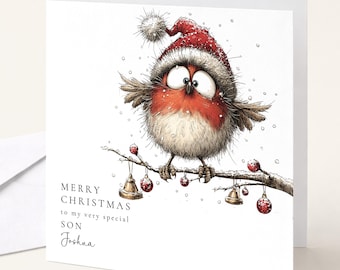 Personalised Christmas Card for Son , Comical Robin in Santa Hat , Custom Name Card
