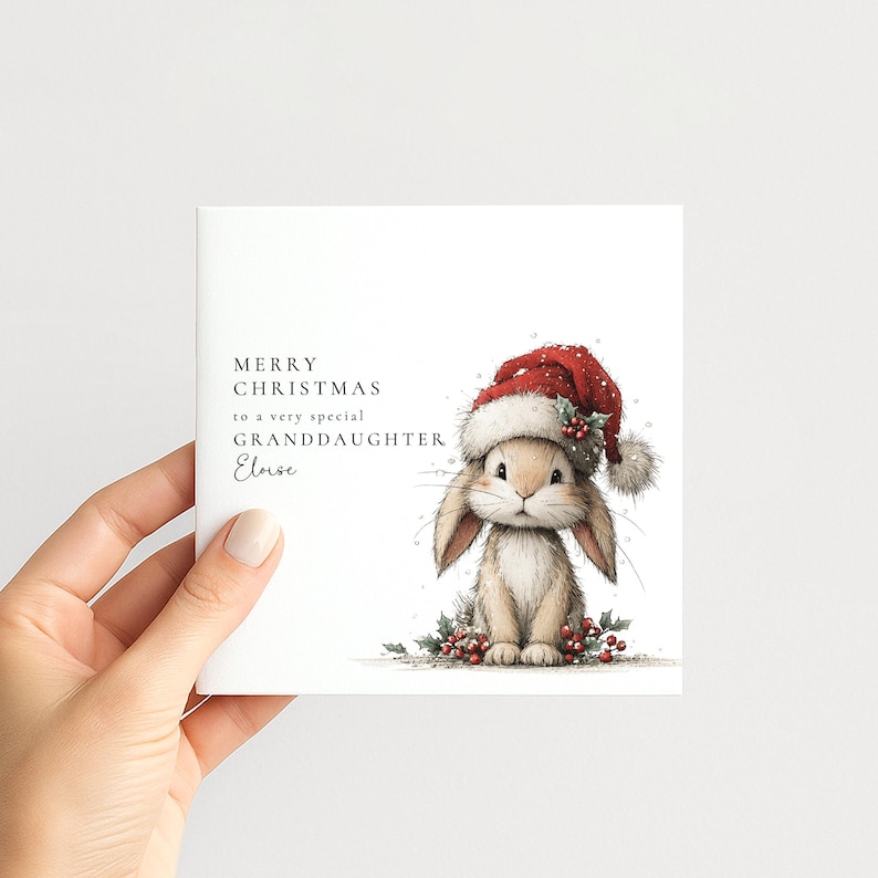 Granddaughter Christmas Card, Cute Bunny Christmas Card, Personalised Xmas Card for Granddaughter, Special Grandchild Holiday Card image 1