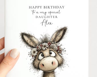Birthday Card for Daughter, Personalised Name Card, Cute Donkey Illustration, Floral Crown Design, Thoughtful Birthday Greeting