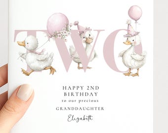 2nd Birthday Card for Granddaughter, Happy Second Birthday Granddaughter Card with Ducks, Personalised Birthday Card