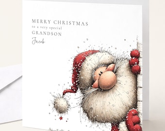 Personalised Christmas Card Grandson, Peeking Santa Grandson Xmas Card, Cute Funny Christmas Card for Boy, Special Grandson Christmas Card
