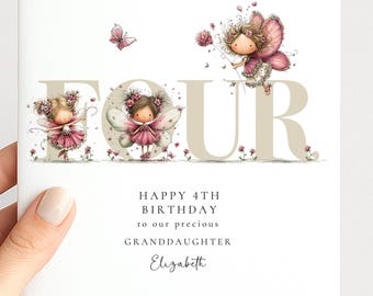 4th Birthday Card for Granddaughter, Happy 4th Birthday Granddaughter Card with Fairies, Personalised Birthday Card