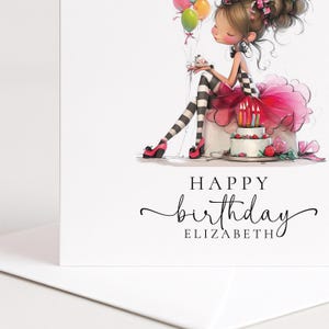 Personalised Girl Birthday Card, Cute Birthday Girl Illustration, Custom Name Card, Pink Birthday Card for Daughter, Granddaughter, Niece image 5