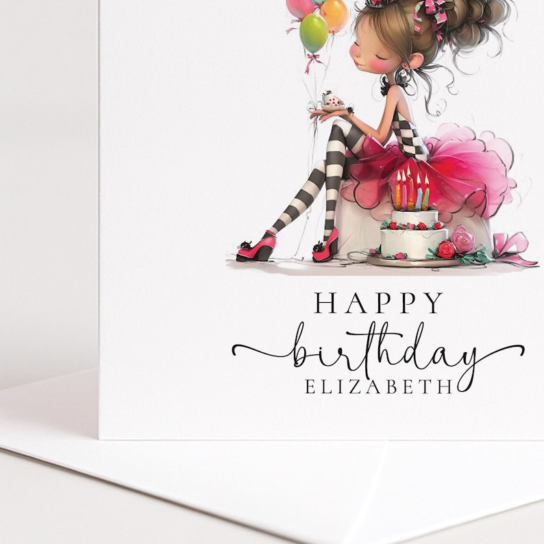 Personalised Girl Birthday Card, Cute Birthday Girl Illustration, Custom Name Card, Pink Birthday Card for Daughter, Granddaughter, Niece image 5