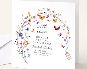 Personalised Anniversary Card Granddaughter and Husband, Wedding Anniversary Card for Granddaughter, Wildflower Butterfly Card, Couple Card
