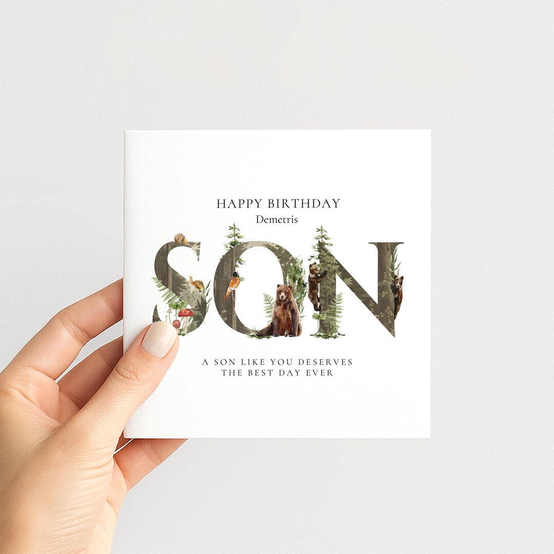 Personalised Son Birthday Card, Custom Woodland Animal Birthday Card ...