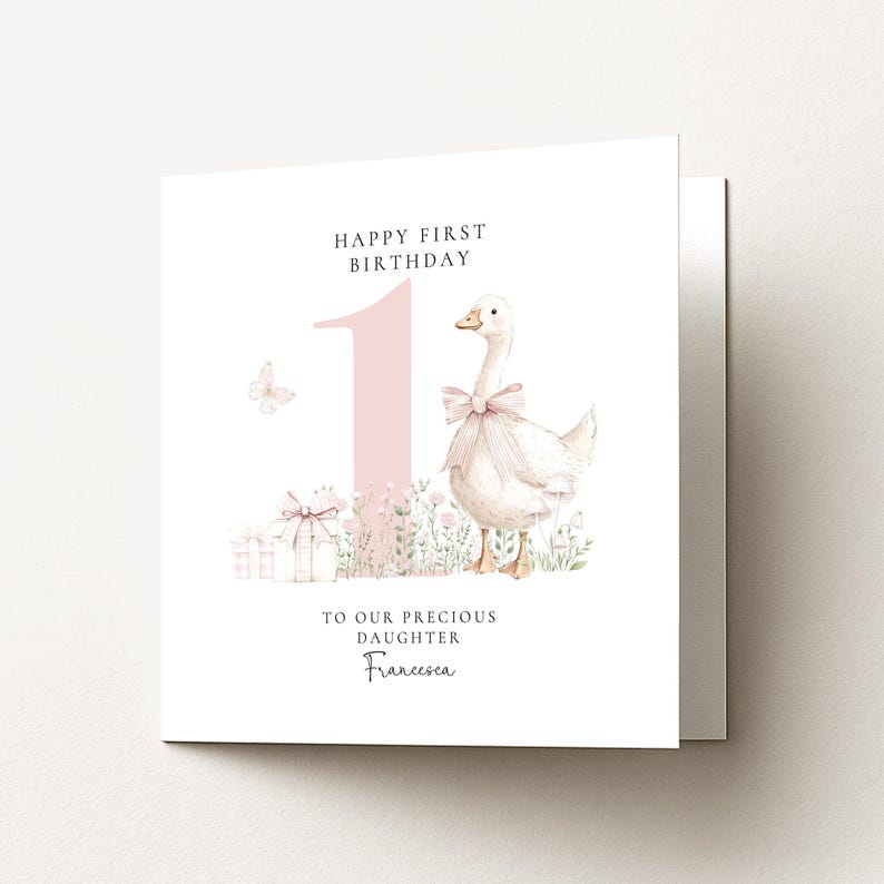 First Birthday Card Daughter, Personalised 1st Birthday Card with Goose Illustration, Square Card, Baby Girl Birthday Card image 6