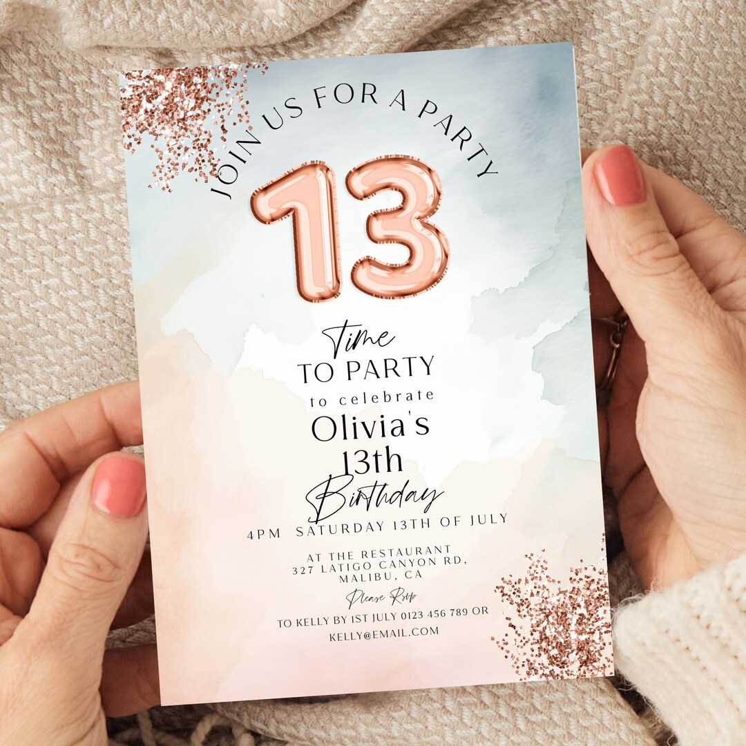 Editable Girls 13th Birthday Invite, Printable Rose Gold Party ...