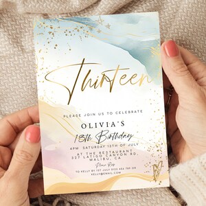 Editable Girls 13th Birthday Invite, Printable Pastel and Gold Party ...