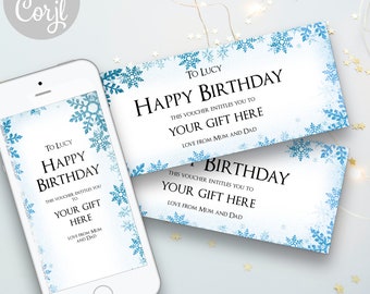 Christmas Blue Ticket Snowflakes Voucher, Personalised Voucher, Surprise Holiday Coupon, Personalised Gift Birthday Event Printable