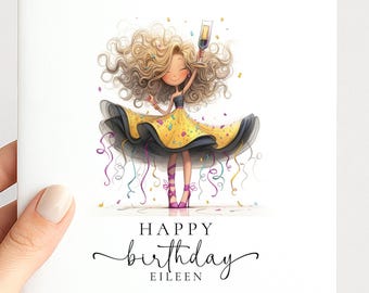 Birthday Card, Personalised Sparkle Birthday Card for Her, Fun Party Girl Birthday Card, Custom Name Printed Card, Celebration Greeting