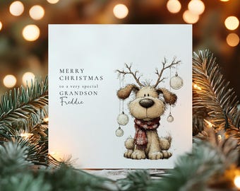 Personalised Grandson Christmas Card, Cute Dog Reindeer Card, Custom Name Xmas Card for Grandson, Kids Christmas Card