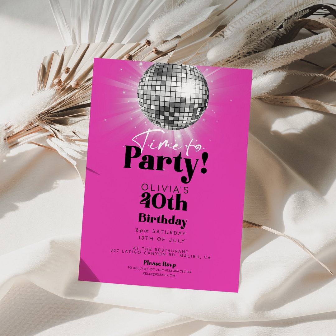 Disco Ball Hot Pink Invitation Editable Template, Glitter Ball Time to Disco Ball Hot Pink Invitation Editable Template, Glitter Ball Time to