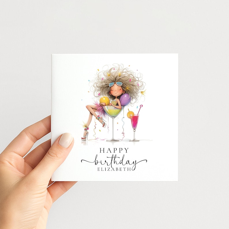 Personalised Cocktail Birthday Card for Her, Fun Birthday Girl Illustration, Custom Name Card, Ladies Birthday Card, Friend Sister Mum Gift image 2