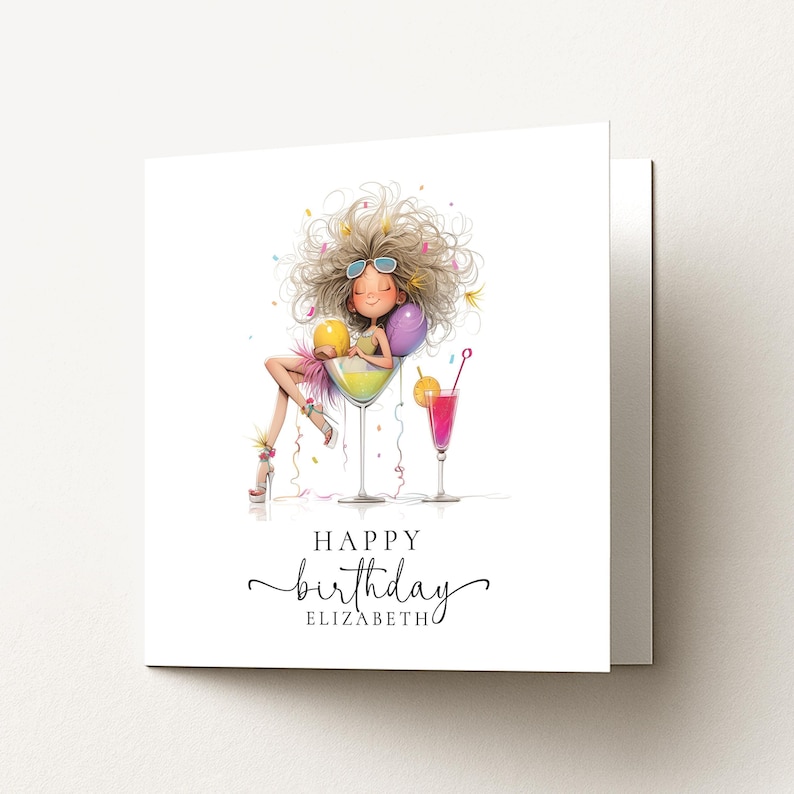 Personalised Cocktail Birthday Card for Her, Fun Birthday Girl Illustration, Custom Name Card, Ladies Birthday Card, Friend Sister Mum Gift image 6