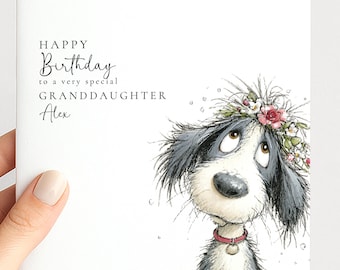 Granddaughter Birthday Card, Cute Dog Birthday Card, Personalised Granddaughter Card, Floral Dog Birthday Card, Printed Birthday Card