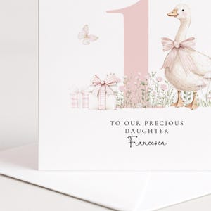 First Birthday Card Daughter, Personalised 1st Birthday Card with Goose Illustration, Square Card, Baby Girl Birthday Card image 5