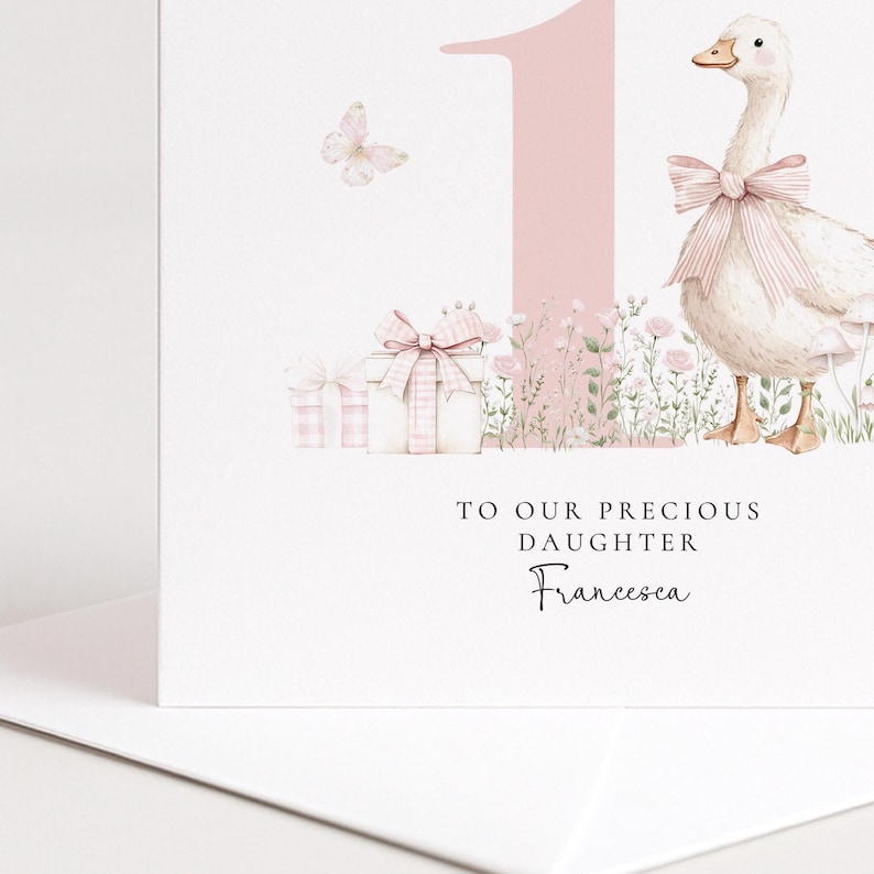 First Birthday Card Daughter, Personalised 1st Birthday Card with Goose Illustration, Square Card, Baby Girl Birthday Card image 5