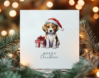 Merry Christmas Beagle Card, Cute Puppy in Santa Hat, Dog Christmas Card, Christmas Card for Dog Lovers, Festive Pet Greeting Card