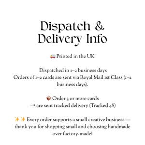 text that provides information about the company's delivery service, including details about the UK's postal system, the types of cards they deliver, and the tracking system for orders.