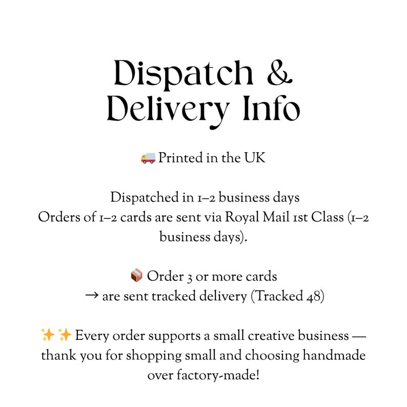 text that provides information about the company's delivery service, including details about the UK's postal system, the types of cards they deliver, and the tracking system for orders.