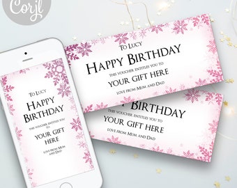 Christmas Pink Ticket Snowflakes Voucher, Personalised Voucher Surprise Holiday Coupon Personalised Gift Birthday Event Printable for a Girl