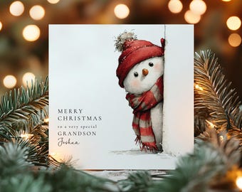 Tarjeta de Navidad para nieto, Tarjeta de Navidad con muñeco de nieve adorable, Tarjeta personalizada para nieto, Tarjeta de invierno divertida para niños, Nombre personalizado