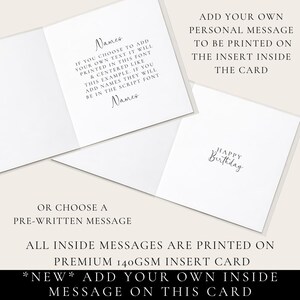 a card with instructions for adding a personal message to be printed on it. The instructions include the option to choose a pre-written message or add a personalized message. The card is printed on a premium 14GSM insert card, and all inside messages are printed on this card.