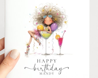 Personalised Cocktail Birthday Card for Her, Fun Birthday Girl Illustration, Custom Name Card, Ladies Birthday Card, Friend Sister Mum Gift