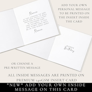 a card with instructions for adding a personal message to be printed on it. The instructions include the option to choose a pre-written message or add a personalized message. The card is printed on a premium 14GSM insert card, and all inside messages are printed on this card.