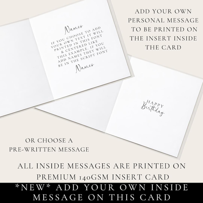 a card with instructions for adding a personal message to be printed on it. The instructions include the option to choose a pre-written message or add a personalized message. The card is printed on a premium 14GSM insert card, and all inside messages are printed on this card.