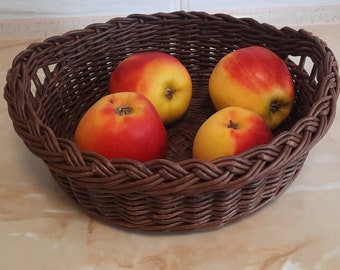 Brown Wicker Fruit Basket Round Basket with Handles Rustic wicker basket  Handmade Ukraine