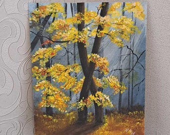 Autumn Forest Landscape Tree Painting  Original Acrylic Art Home Decor Wall Art  Small Painting 12 by 10