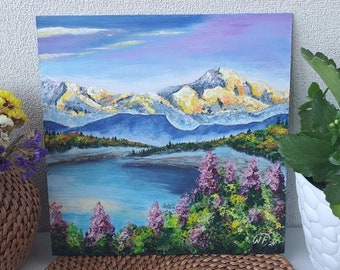 Denali Mountain Painting Alaska Art Landscape Impasto Painting Fireweed Hand Painted Wall Art Small painting Original Gift