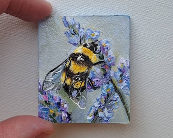 Miniature Bumblebee Oil Painting, Original Honey Bee Art (2x1.6 in)