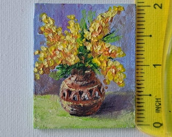 Mimosa Painting: Miniature Yellow Flowers Original Art (2x1.6)