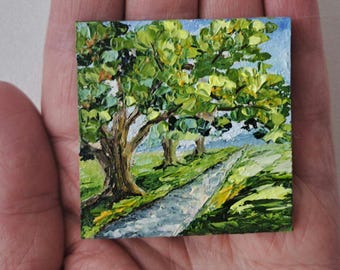 Miniature tree oil Painting: Tiny Art for Dollhouse 2x2 inches