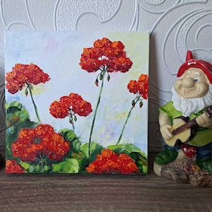 Red Geranium Oil Painting: Impasto Floral Miniature, 6x6 inches