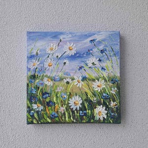 Wildflowers Painting 6x6  daisies and forget-me-nots Original Art  Impasto OIL Painting Landscape Gift Impressionist Artwork Small painting
