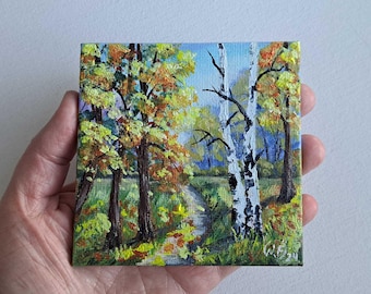 Miniature Autumn Park Painting: Acrylic Dollhouse Art (4x4 inches)