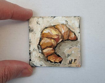 Croissant Oil Painting: Miniature Food Art, Dollhouse Kitchen Decor (2x2)