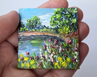 Miniature Lake Landscape Painting: Impasto Dollhouse Art (2x2)