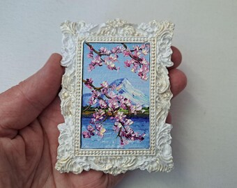 Sakura Miniature Oil Painting: Framed Mountain Landscape, Japan Art Nouveau