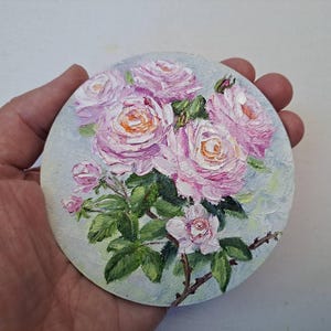 Impasto Pink Roses Oil Painting: Small Round Floral Still Life