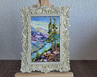 Lake Tahoe Miniature Oil Painting: Framed Abstract Impasto Landscape, 2.8x3.8"  Dollhouse Decor